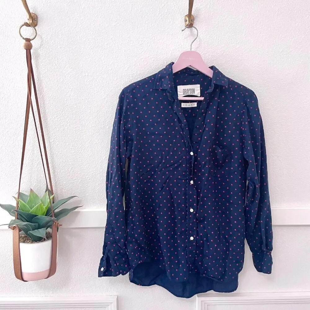 Anthropologie Grayson Navy Red Ladybug The Hero Long Sleeve Button Front Top S - Image 2