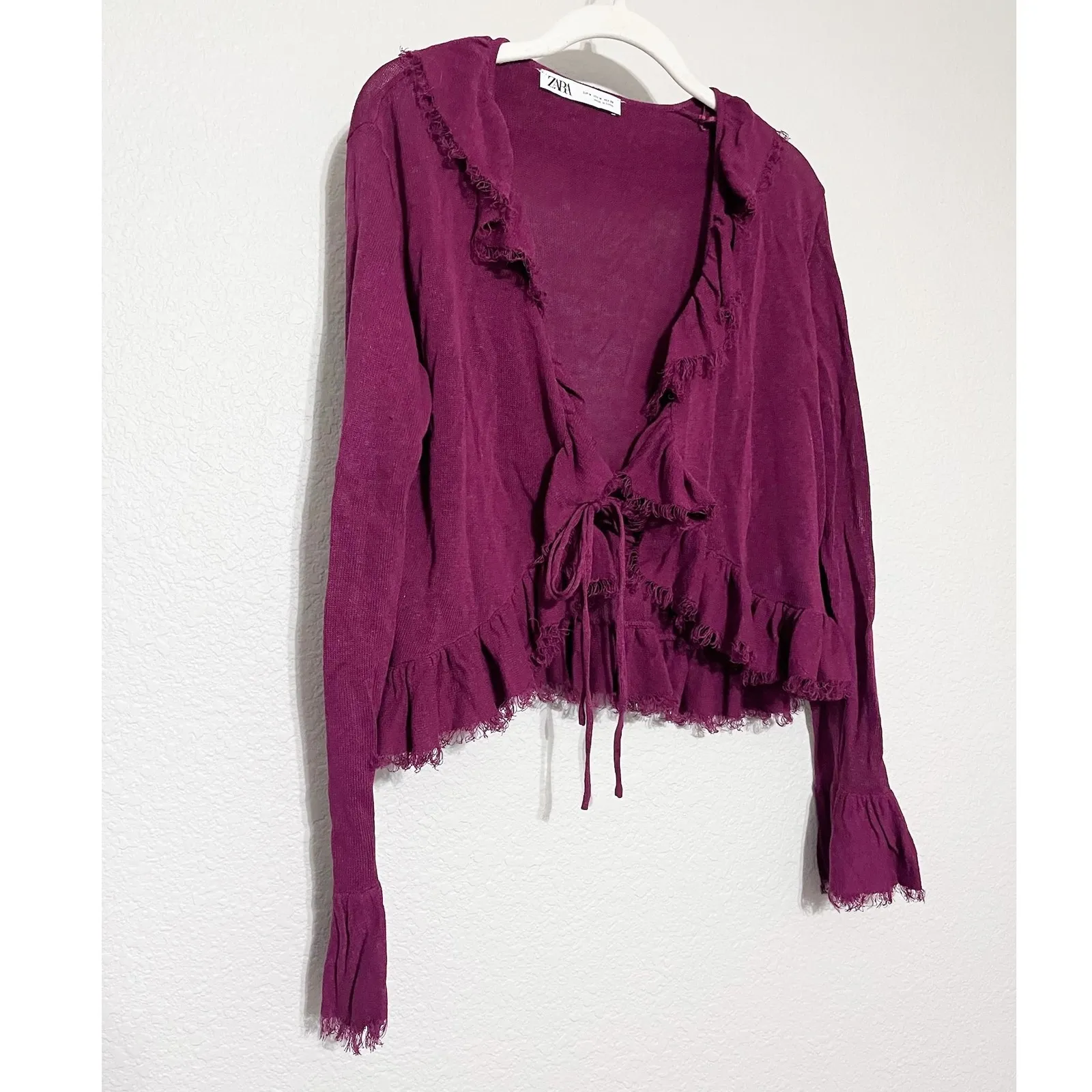 Zara Burgundy Ruffle Trim Tie Front‎ Cardigan Knit Top Womens Size M Linen Blend - Image 2