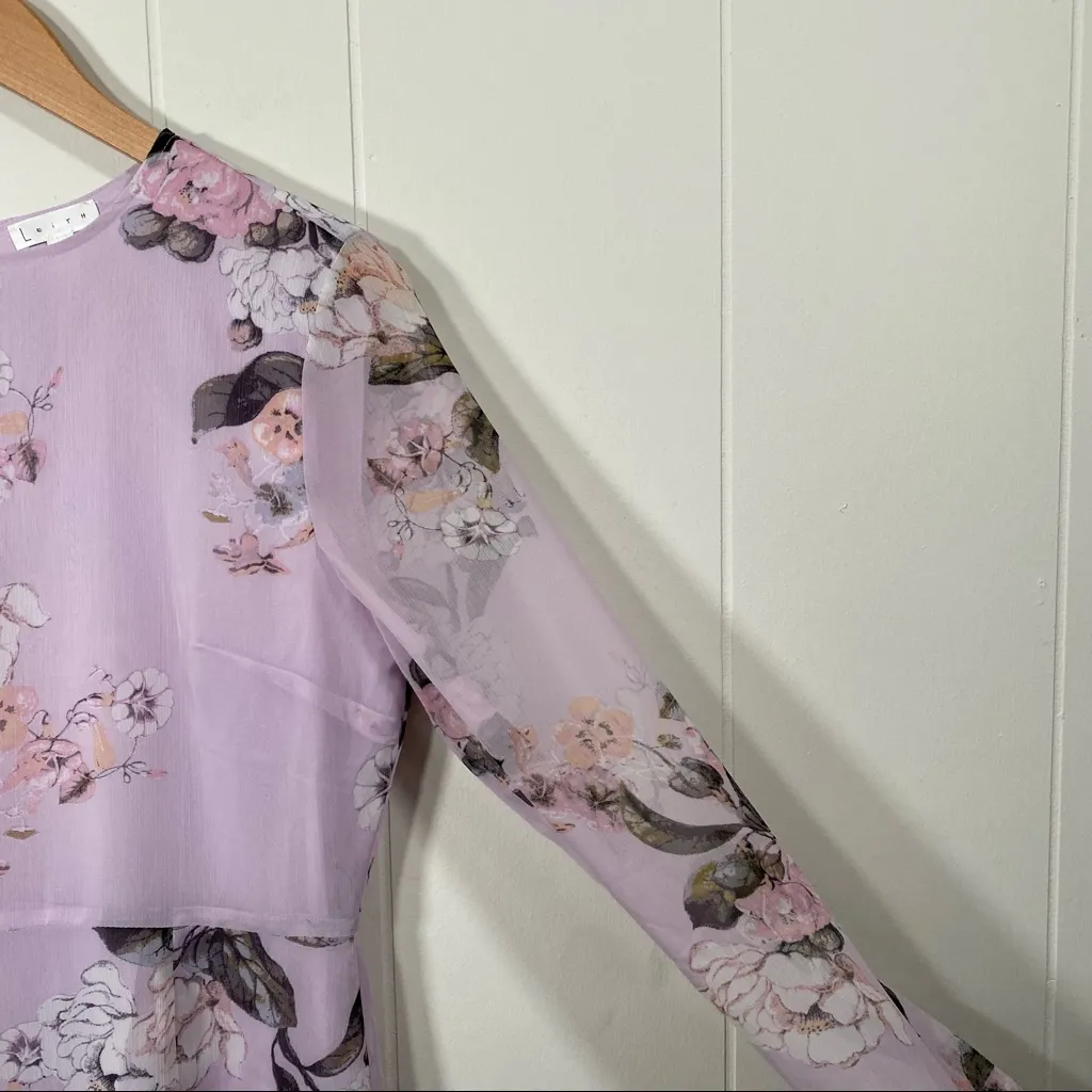 Leith Long Sleeve Floral Chiffon Dress Lavender Frost Size Medium - Image 5