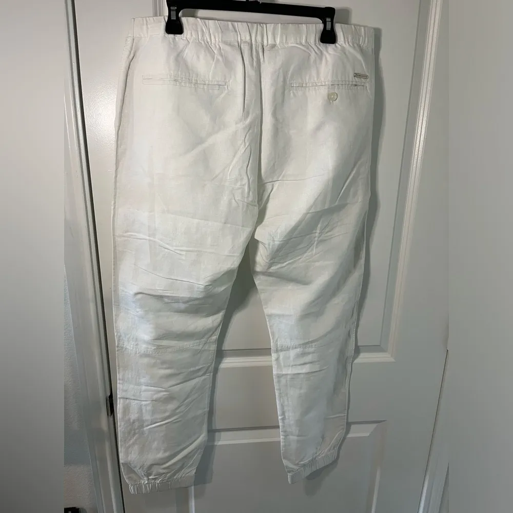Sean John Lightweight Ruched Casual White Trimmed Faux Leather Linen Pants Sz XL - Image 2