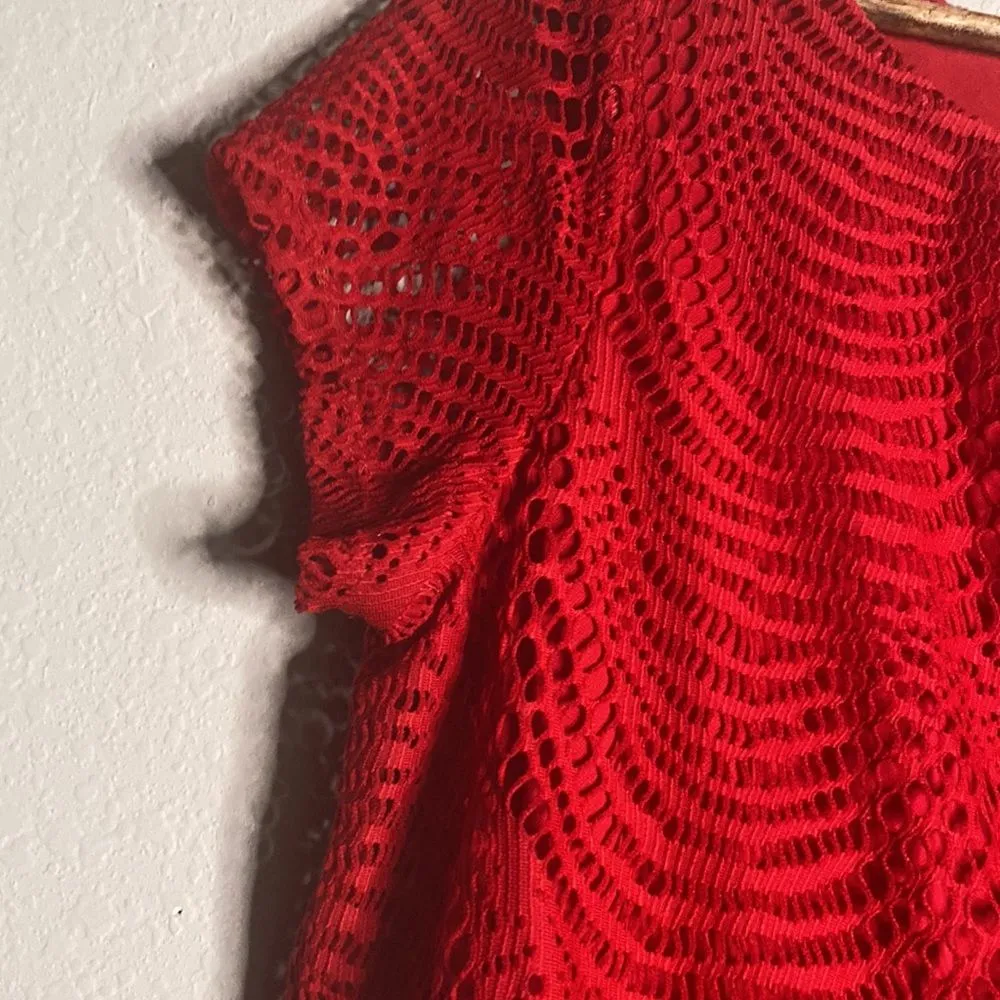 Women’s Covington Red crochet short sleeve Fringe midi dress size 12 casual - Image 4