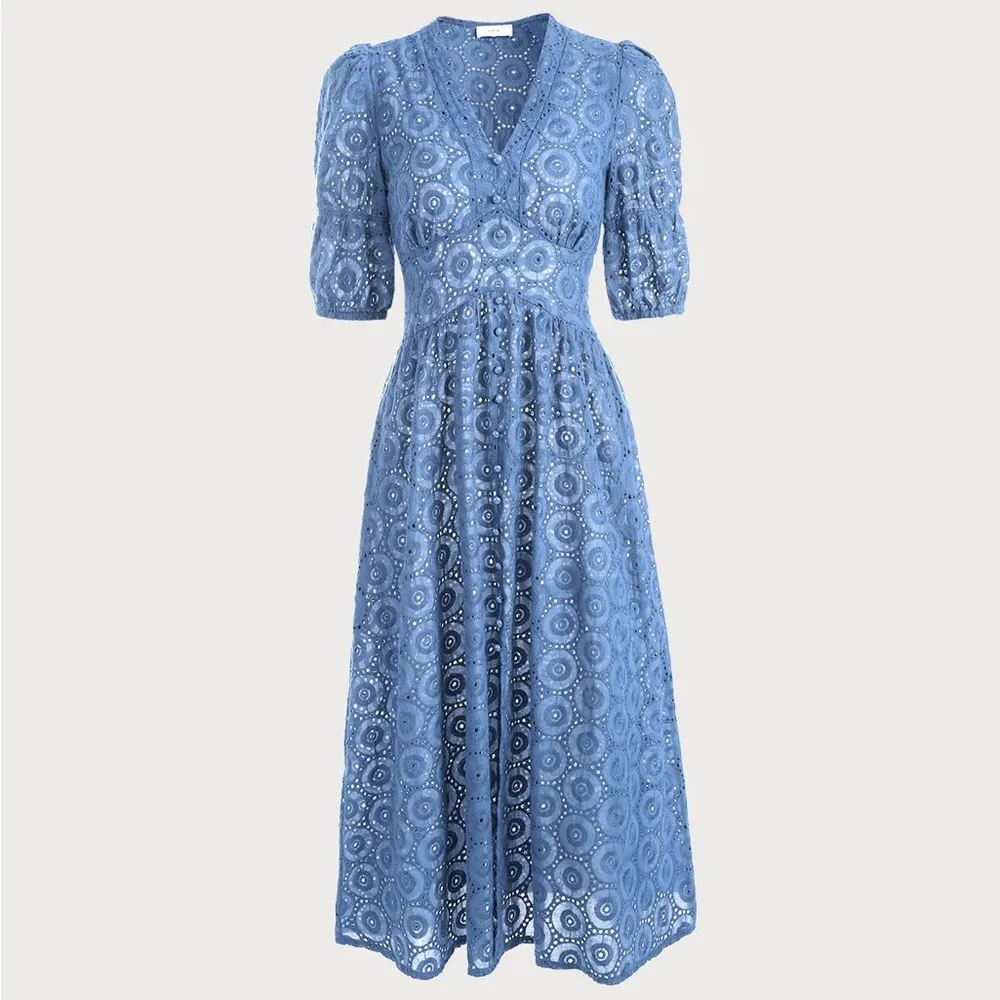 RIHOAS The Blue Puff Sleeve Cutout Slit Maxi Dress XS - Image 5