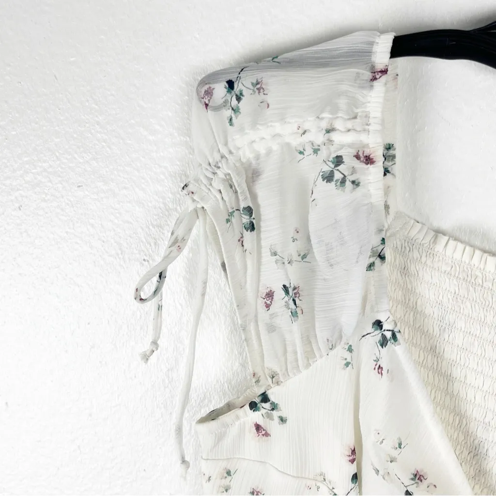 ABERCROMBIE & FITCH White Floral V-Neck Cinched Front Ruched Back Blouse Large - Image 6
