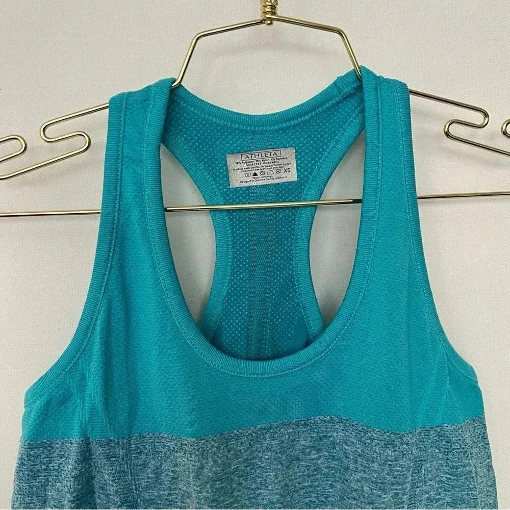 Athleta Color Block Fast Track Size XS Tank Top Seamless Ruched Bottom Blue/Teal - Image 4