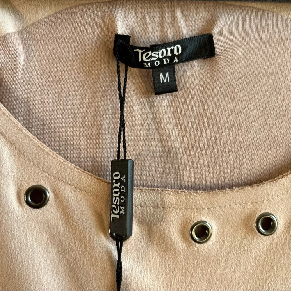 Tesoro Moda Dress Pink Sand Faux Suede w/Grommets Sleeveless Mini Dress Sz M NWT - Image 7