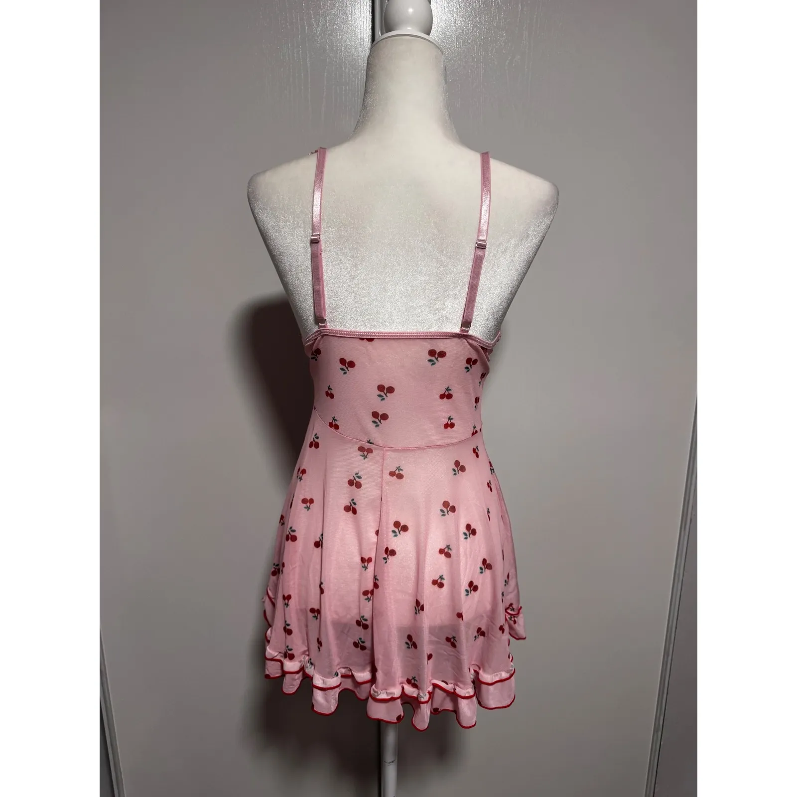 Pink Cherry Print Babydoll Lingerie‎ Slip Dress Lace Trim Women's size Medium - Image 3