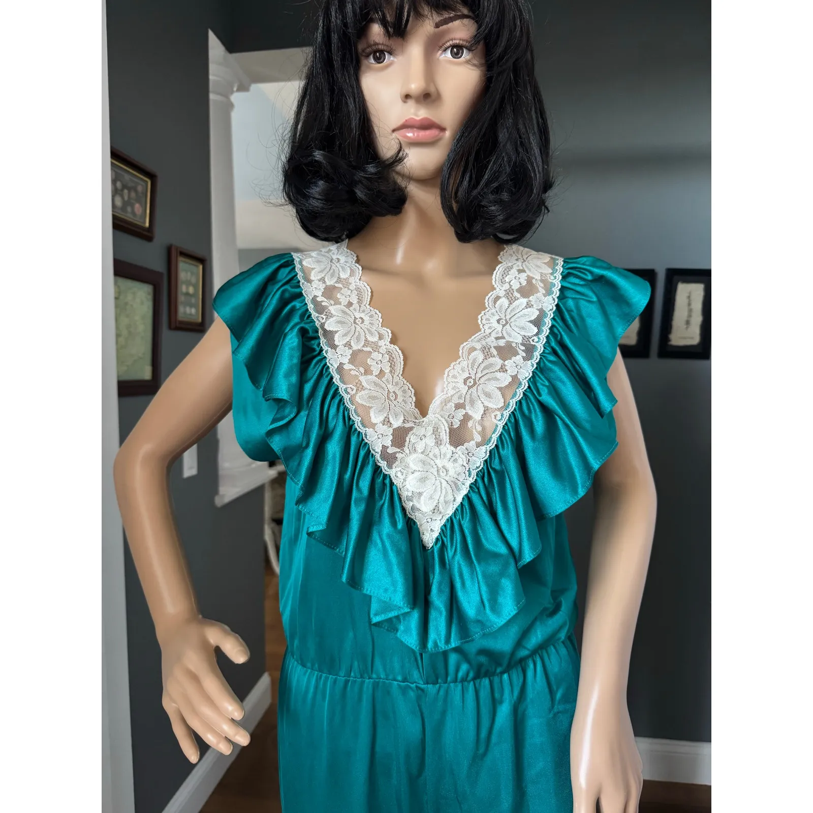 Vintage 70s Lady Cameo Dallas teal lace Ruffle Disco jumpsuit USA Made medium - Image 8