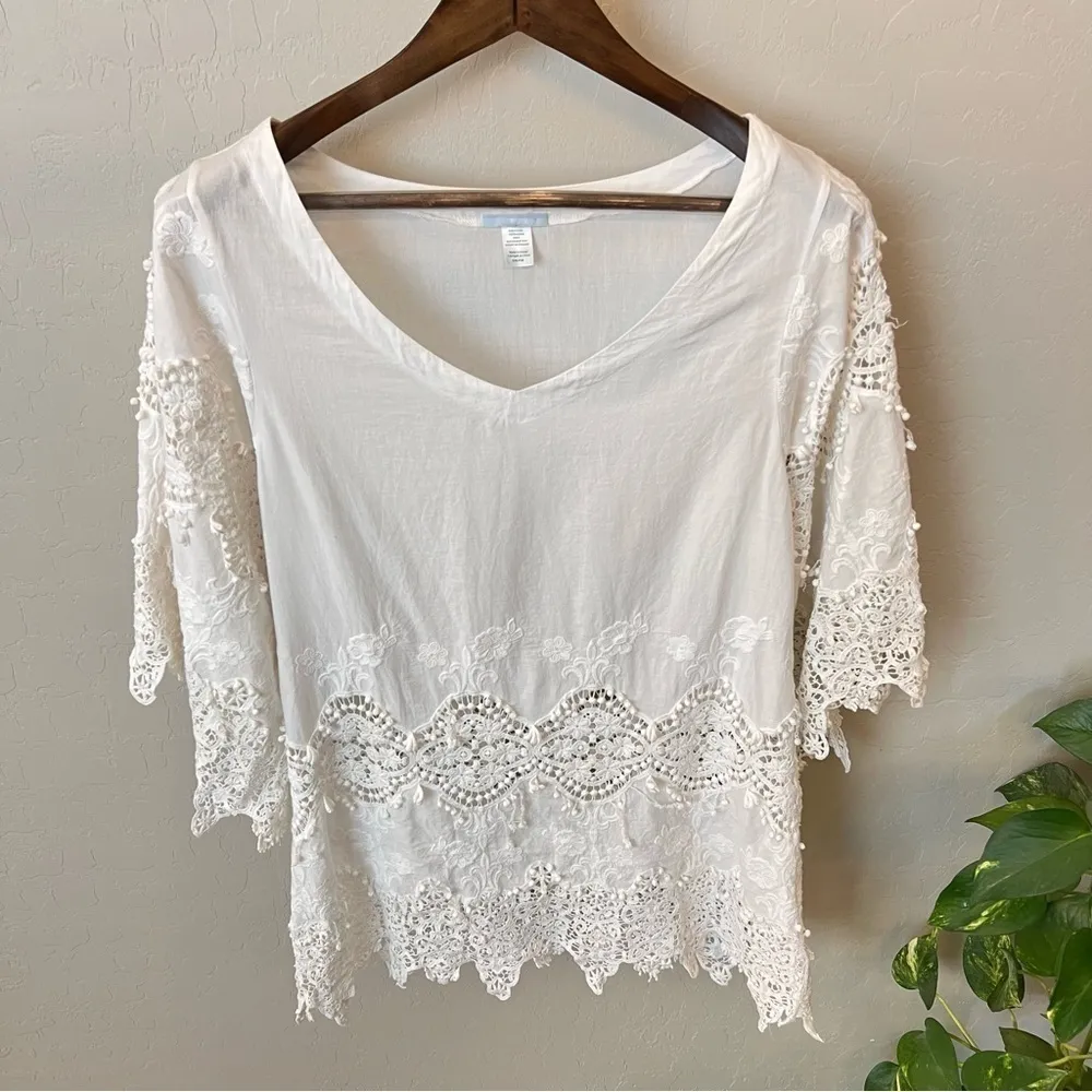 Eberjey white cover up tunic dress, 100% Cotton, wide 3/4 sleeve w.lace S/M - Image 7