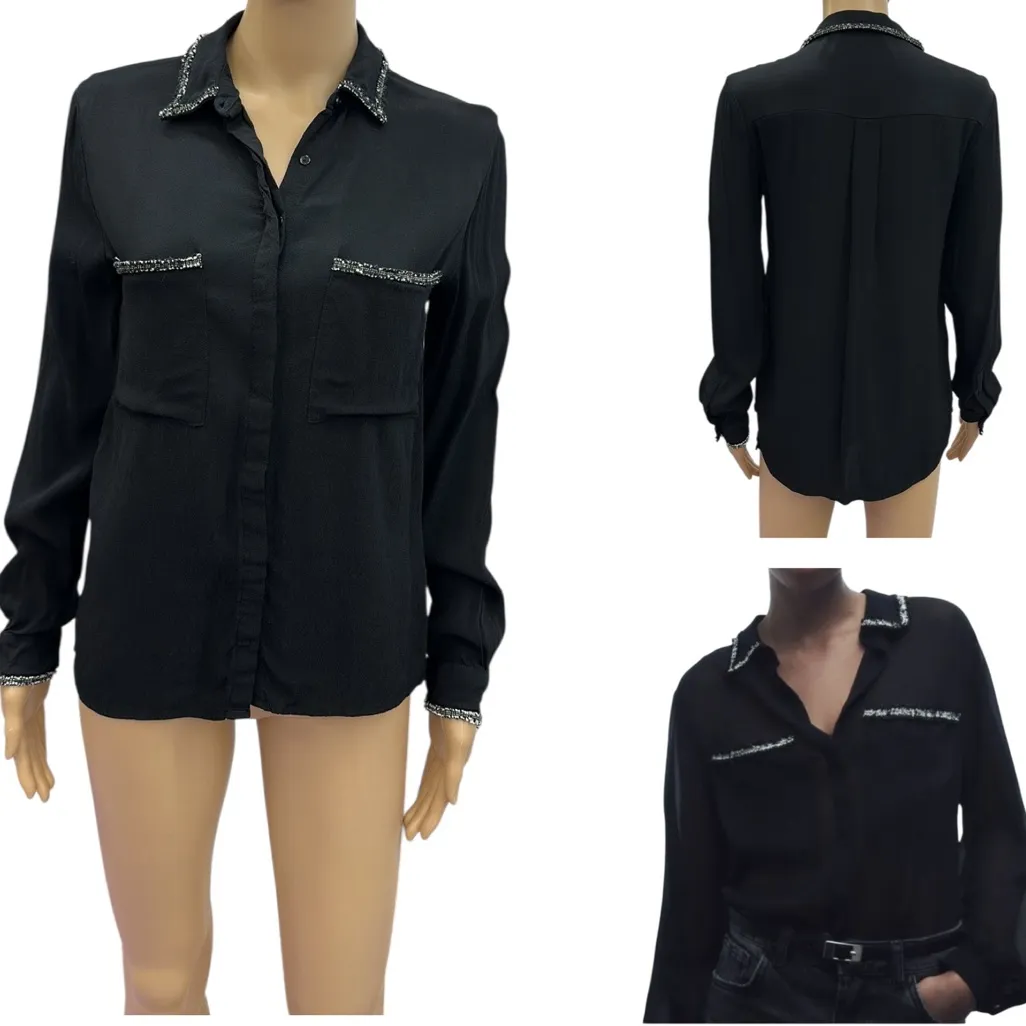 Zara Basic Black White Double Pocket Long Sleeve Button Up Blouse Womens XS - Image 2