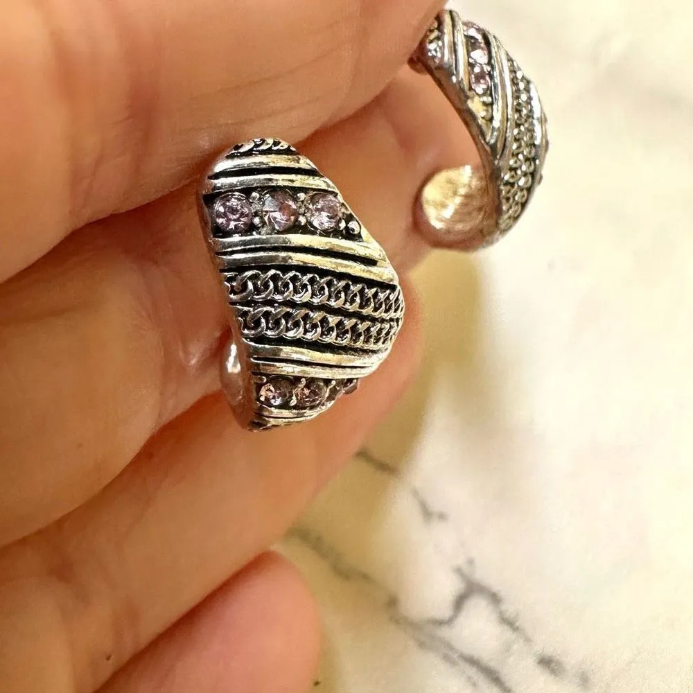 Silver tone pink rhinestone half hoop earrings - Image 3