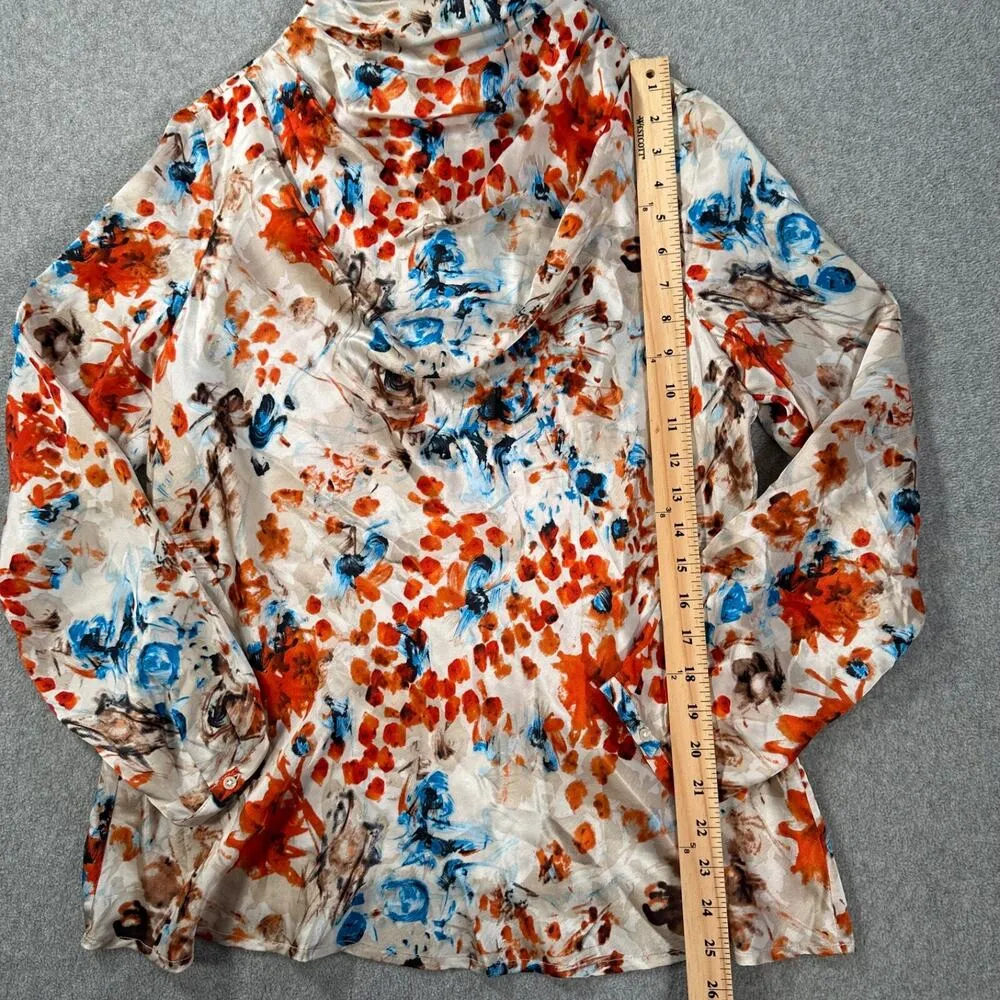 Doncaster Collection Silk Blouse Mock Cowl Neck Women's 14 Blue Orange Floral - Image 4