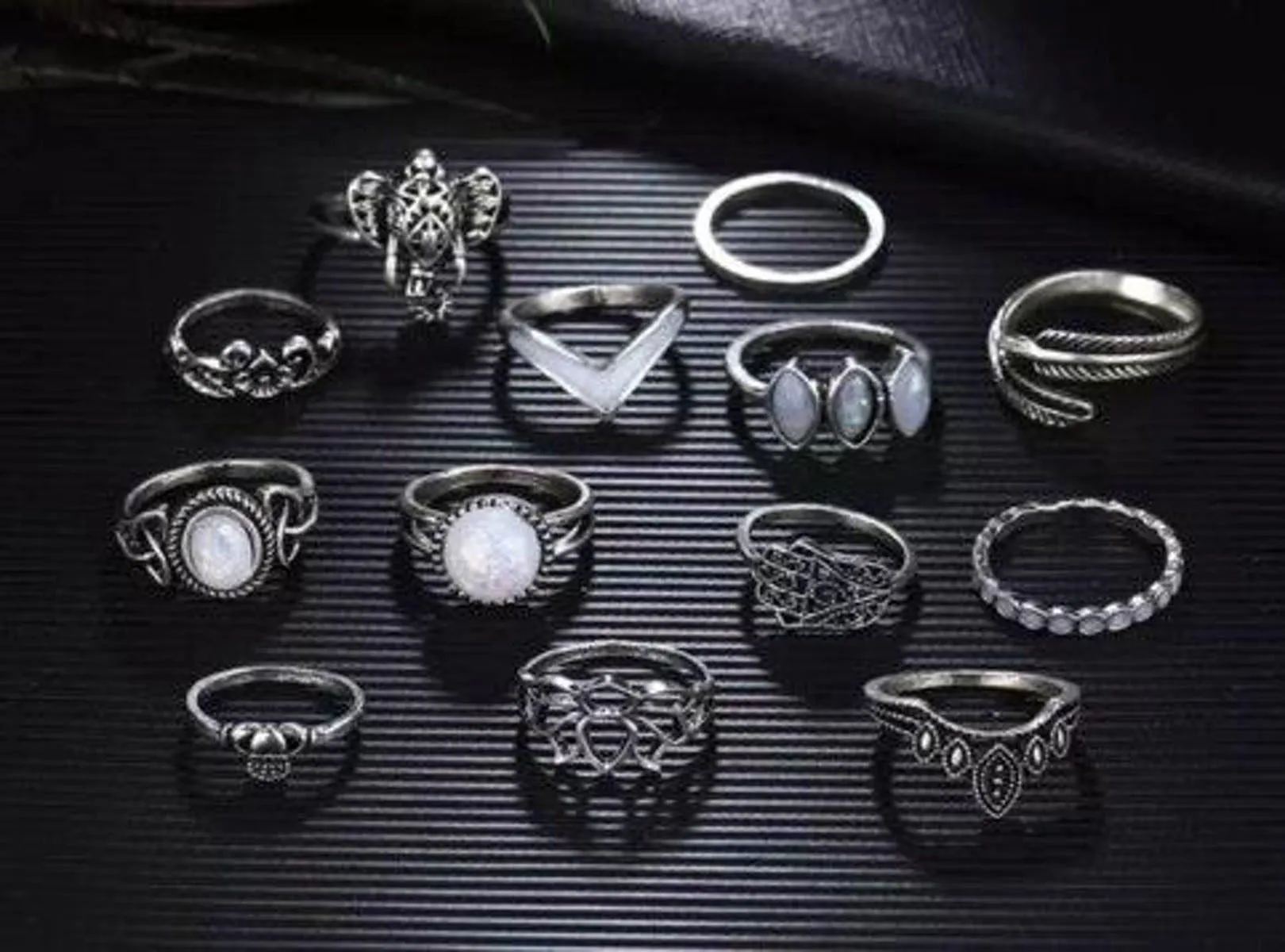 Boutique 13 Piece Silver Boho Opal Crystal Ring Set - Image 2