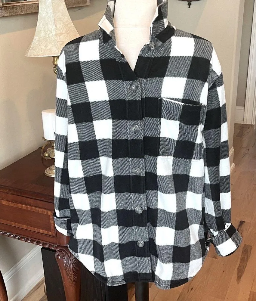 Eddie Bauer Micro fleece Button Up Shirt Black White Buffalo Check Oversized - Image 2