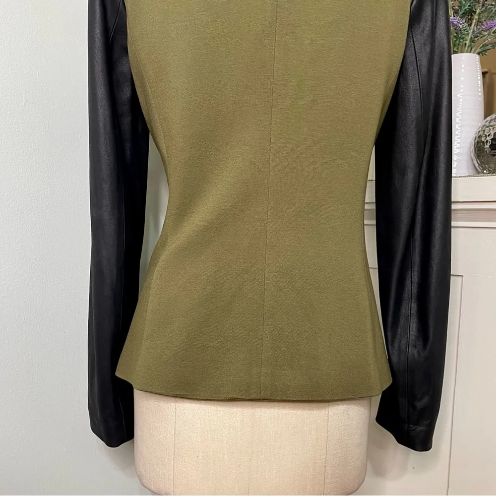 Theory Yaisa Pryor Leather Sleeve Blazer Jacket Olive Green & Black Large - Image 9