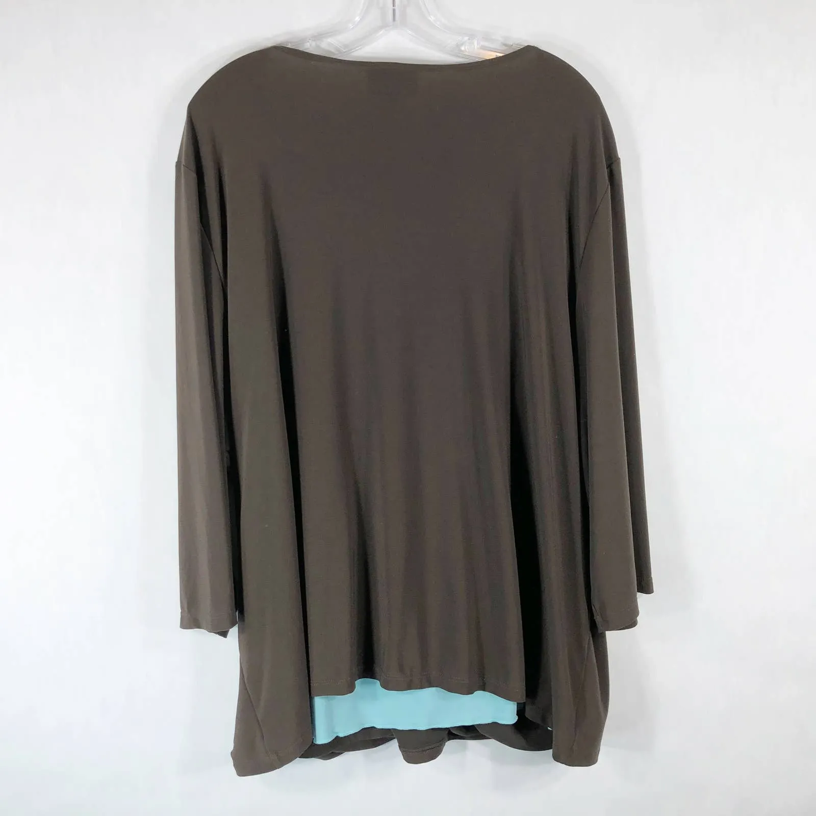 Maggie Barnes Plus Size 3X Top 26W 28W Blouse Brown Blue Draped Layered 385 - Image 2