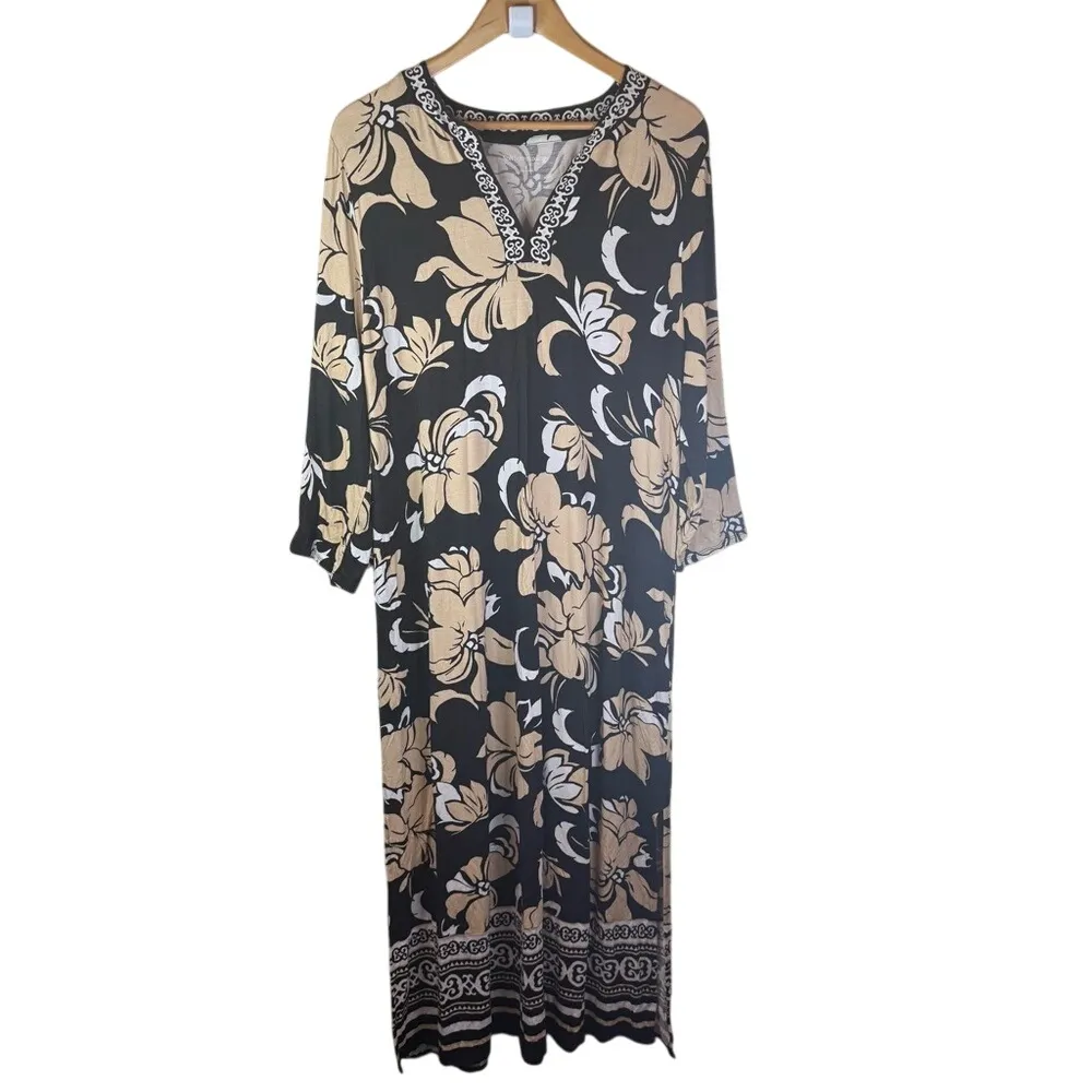 Soft Surroundings Sedona‎ Maxi Dress Size 1X Black/Beige Floral Tribal Beach - Image 2