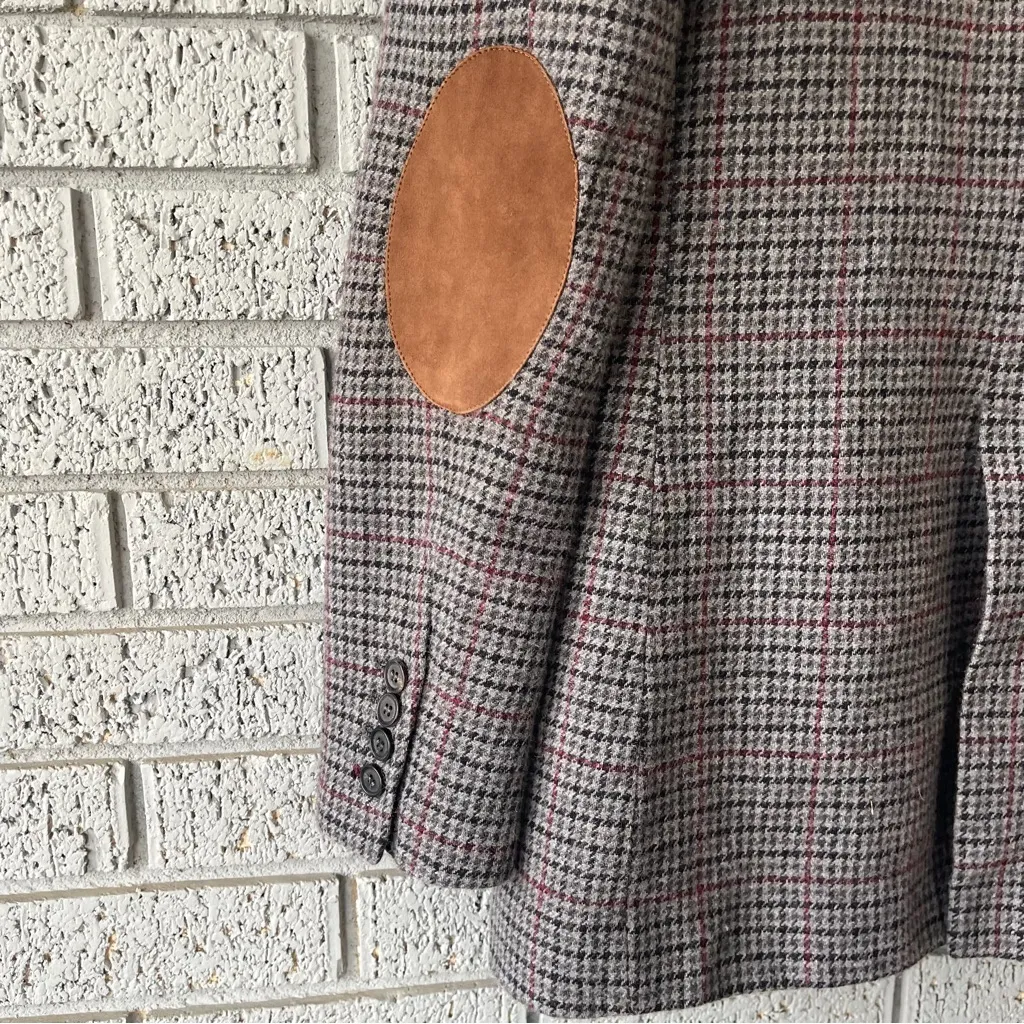 Zara Wool Blend Houndstooth Blazer Suede Elbow Patch Grey Size Small 8659/429 - Image 9