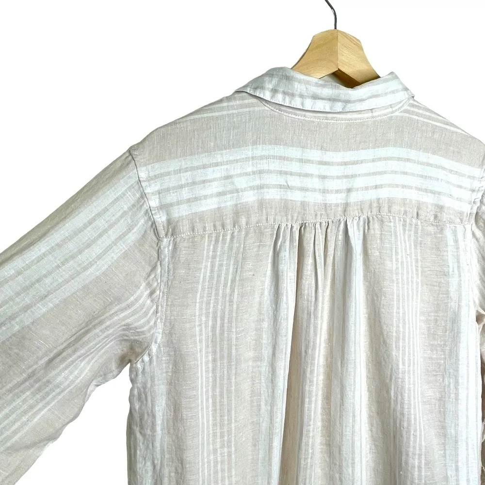 MAGASCHONI Linen Lagenlook White and Tan Stripe Oversized Tunic with Pockets M - Image 8