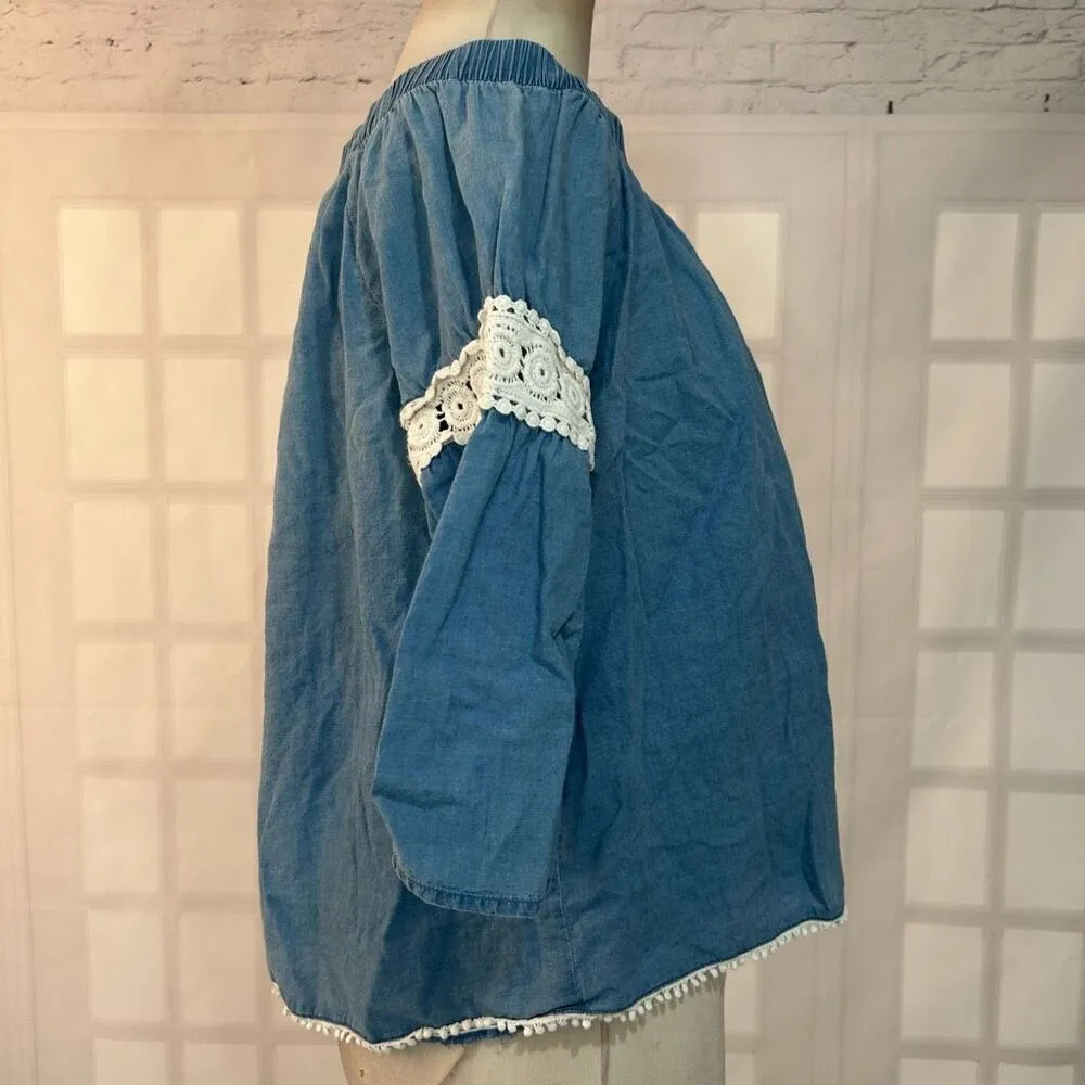 Joes jeans denim chambray off the shoulder blouse with white lace trim - Image 7