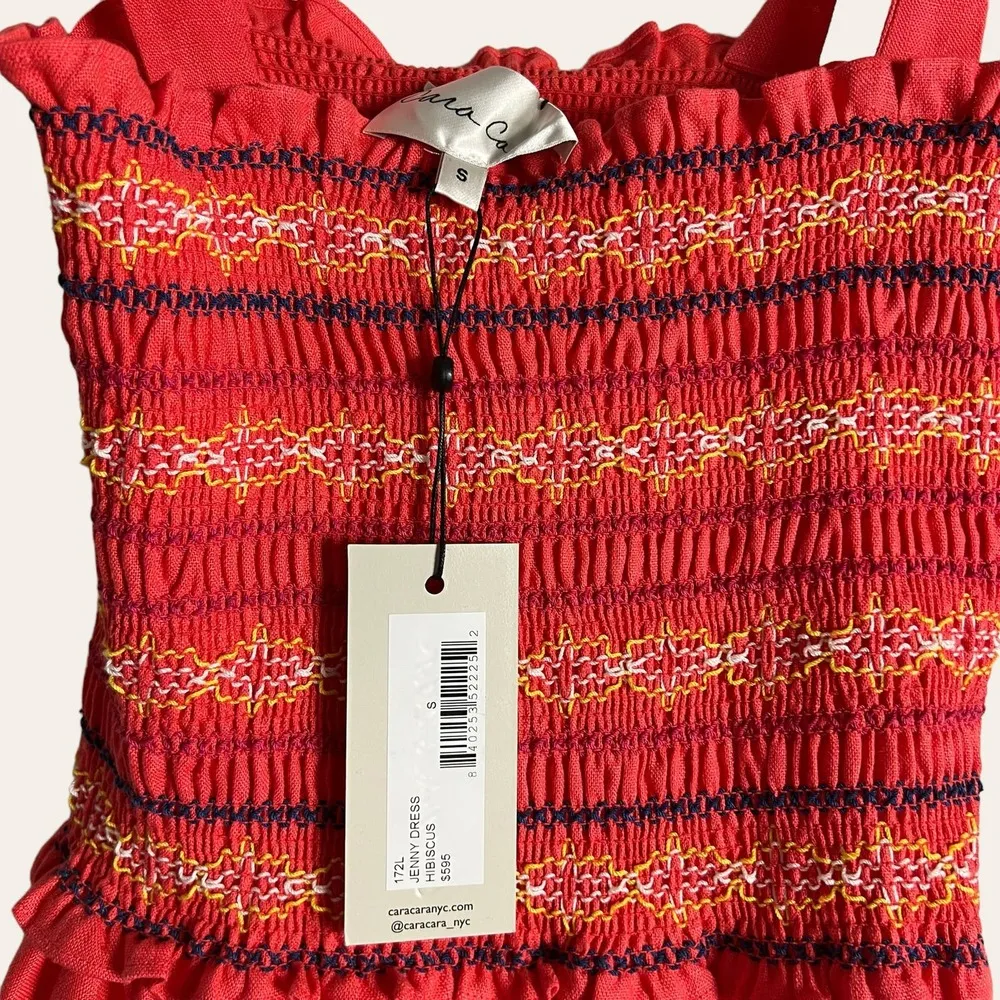 Cara Cara NYC Jenny Hibiscus Linen Smocked Tie Shoulder Midi Dress Size S - Image 9