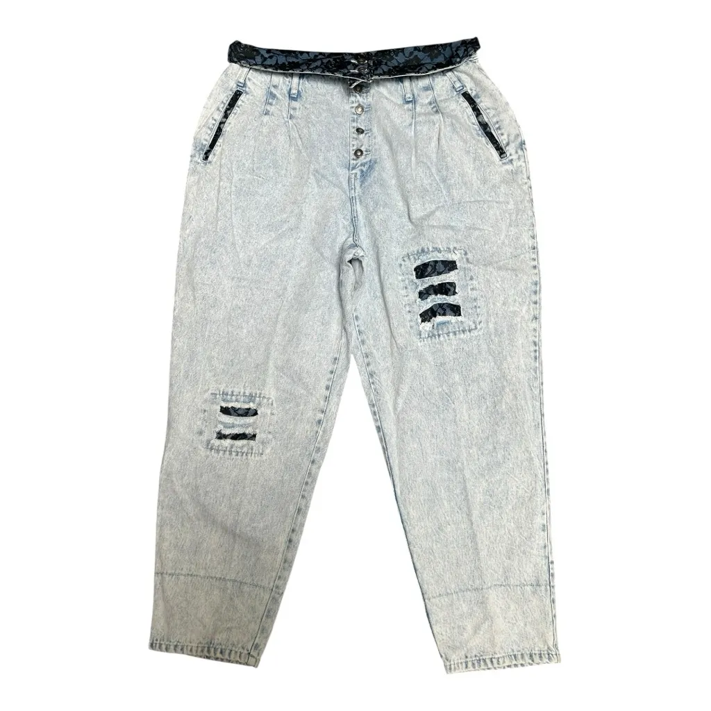 Vintage Plus Size Madonna 80s Acid Washed Distressed Fold Jeans Black Lace SZ 26 - Image 2