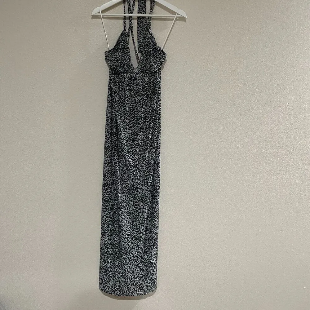 Rebecca Taylor Snow Leopard Halter Maxi Dress Goddess Boho Animal Print Party M - Image 5