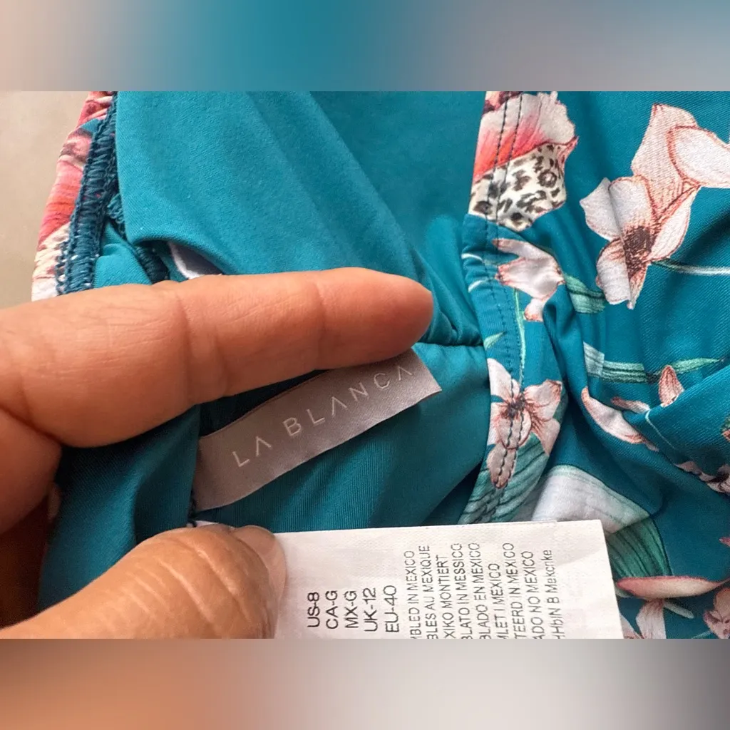 La Blanca Teal Blue Tropical Floral One Piece Swimsuit Halter Neck Size 8 - Image 7