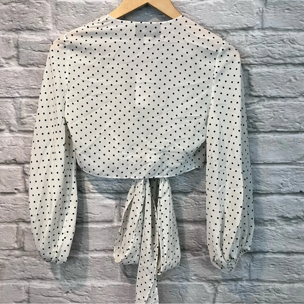 NWT  XS Nirav Crop Tied Black & White Polka Dot Wrap Long Sleeve Blouse - Image 11