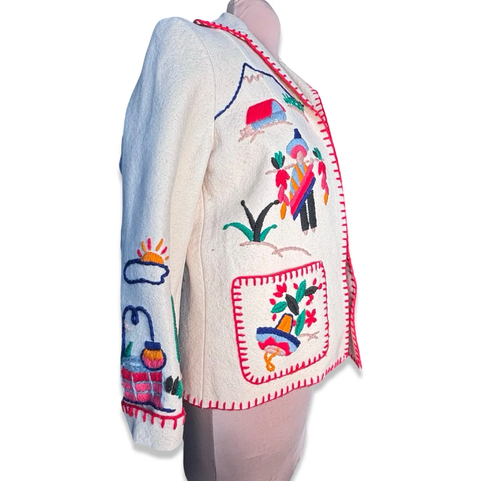 Vintage Hand Embroidered Folk Art Wool Tourist Jacket Mexican Scene Colorful Red Size M - Image 12