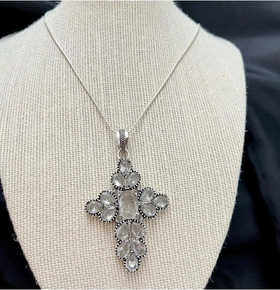 925 Sterling Silver Handmade White Topaz Gemstone Cross Necklace Womens Jewelry - Image 4