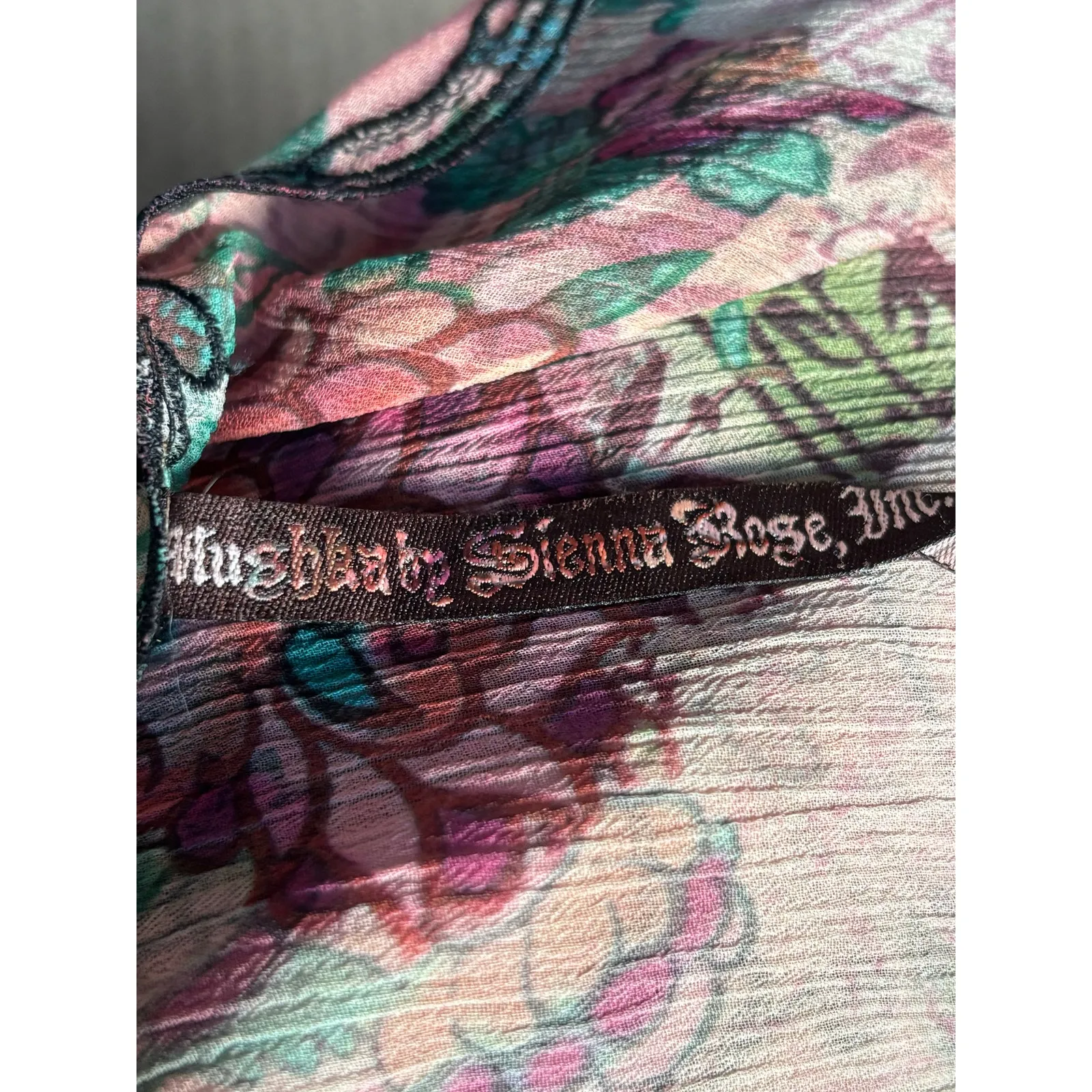 Y2K Mushka Sienna Rose Sheer Floral Crinkle Babydoll Top Fairycore Bohemian Pink Size L - Image 10