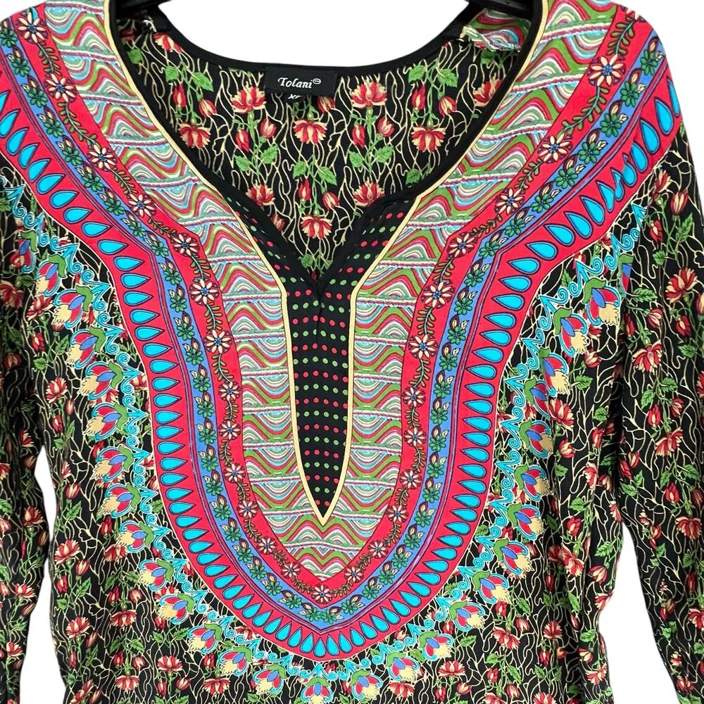 Anthropologie Tolani Salina Tunic Top Women XS Black Multicolor Silk Boho Resort - Image 4
