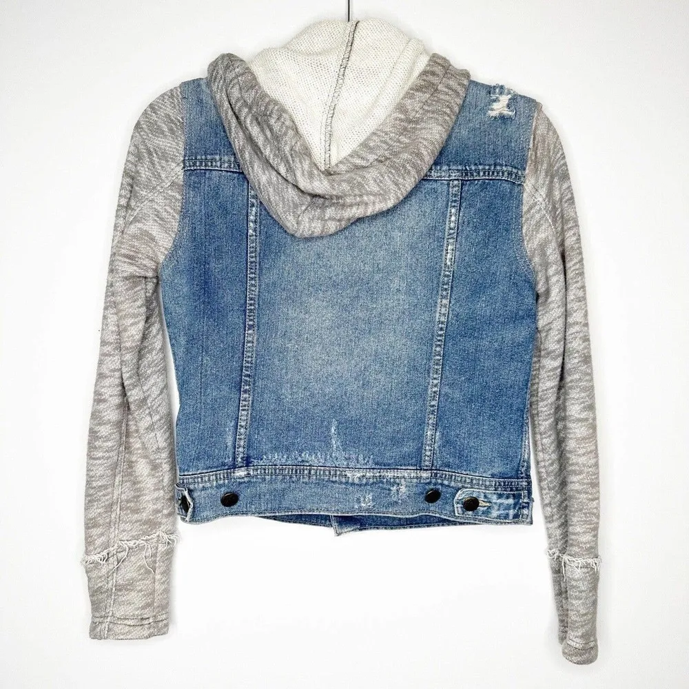 Free People Distressed Jean Jacket Hooded Fabric Sleeves Women's Size S - Image 3