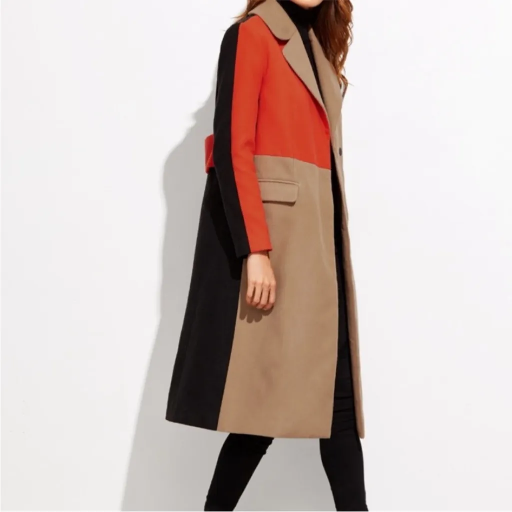 NWOT SHEIN Colorblock Orange Camel Black Trench Coat Jacket Size S - Image 4