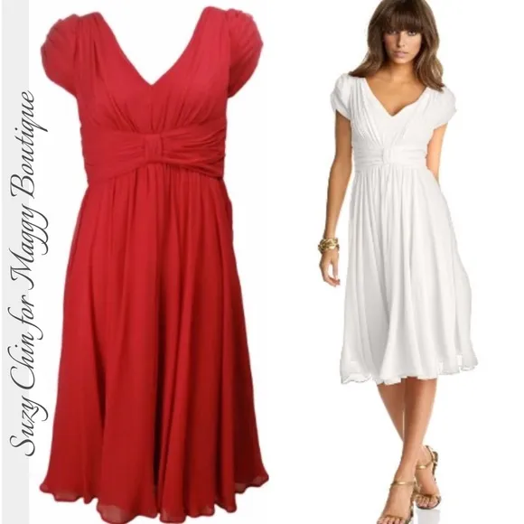 Suzy Chin Coral Red Silk Chiffon Cap Sleeve Ballerina Dress, 2 Petite Size 2P - Image 2