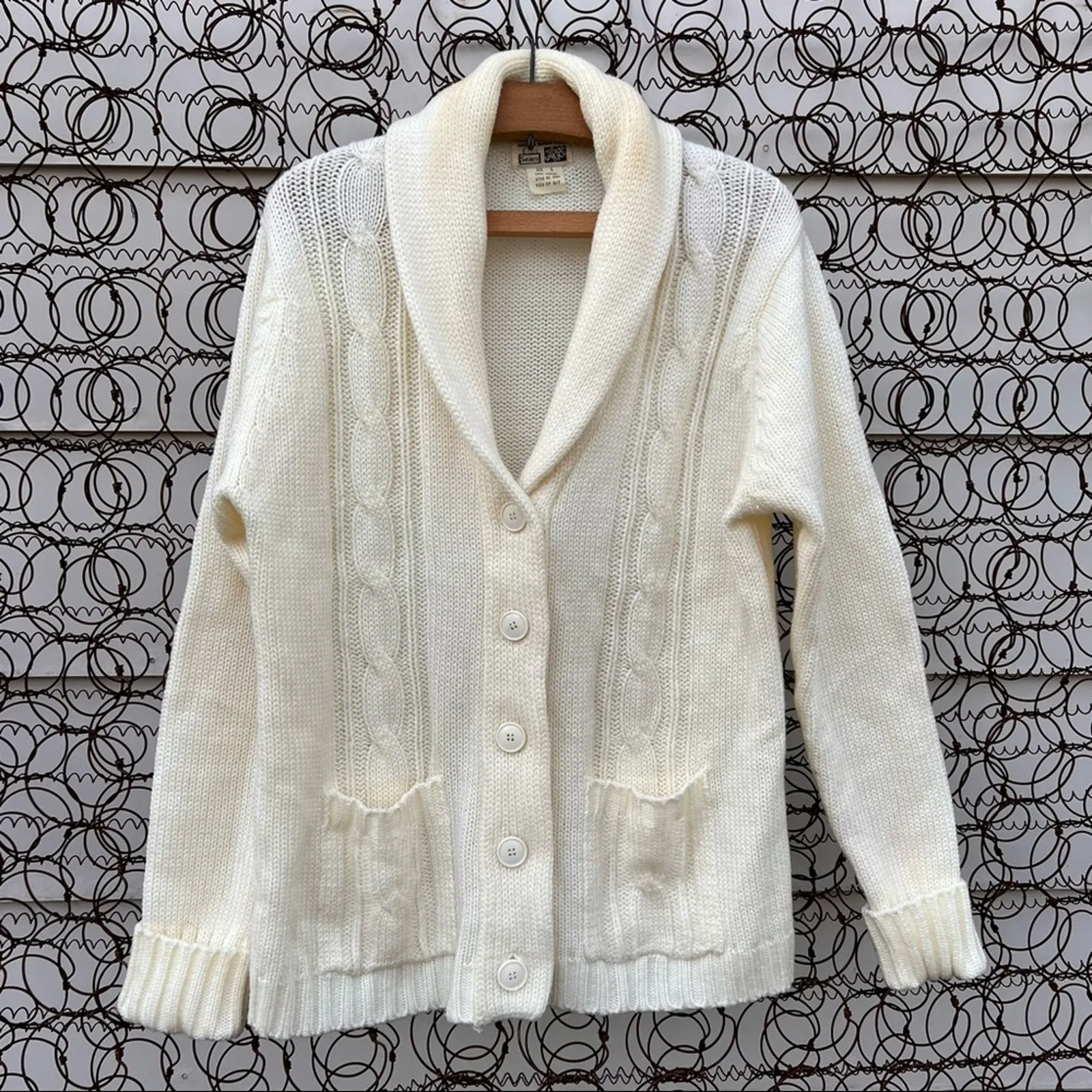 VTG 70s Sears The Fashion Place cream knit cowl collar cardigan sweater LARGE - Image 1