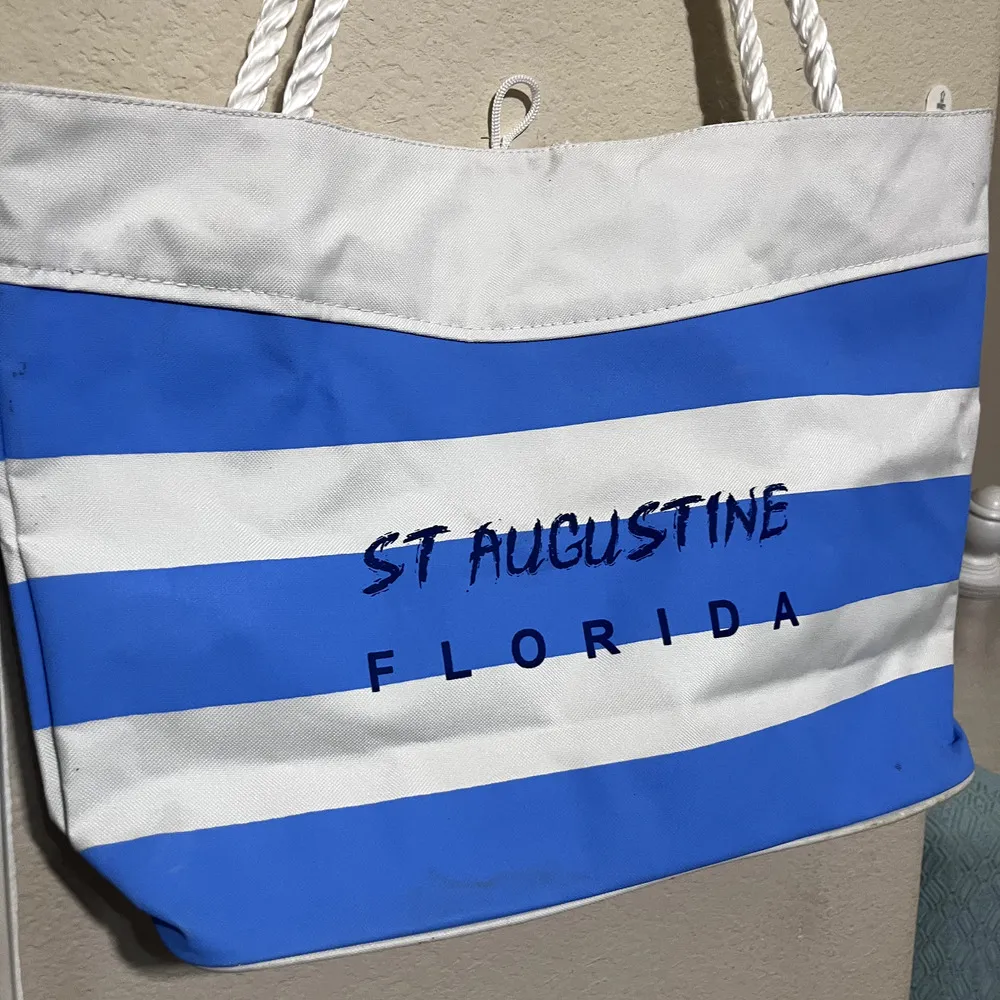St. Augustine Florida Blue White Striped Beach Bag tote Large Canvas zipper - Image 2