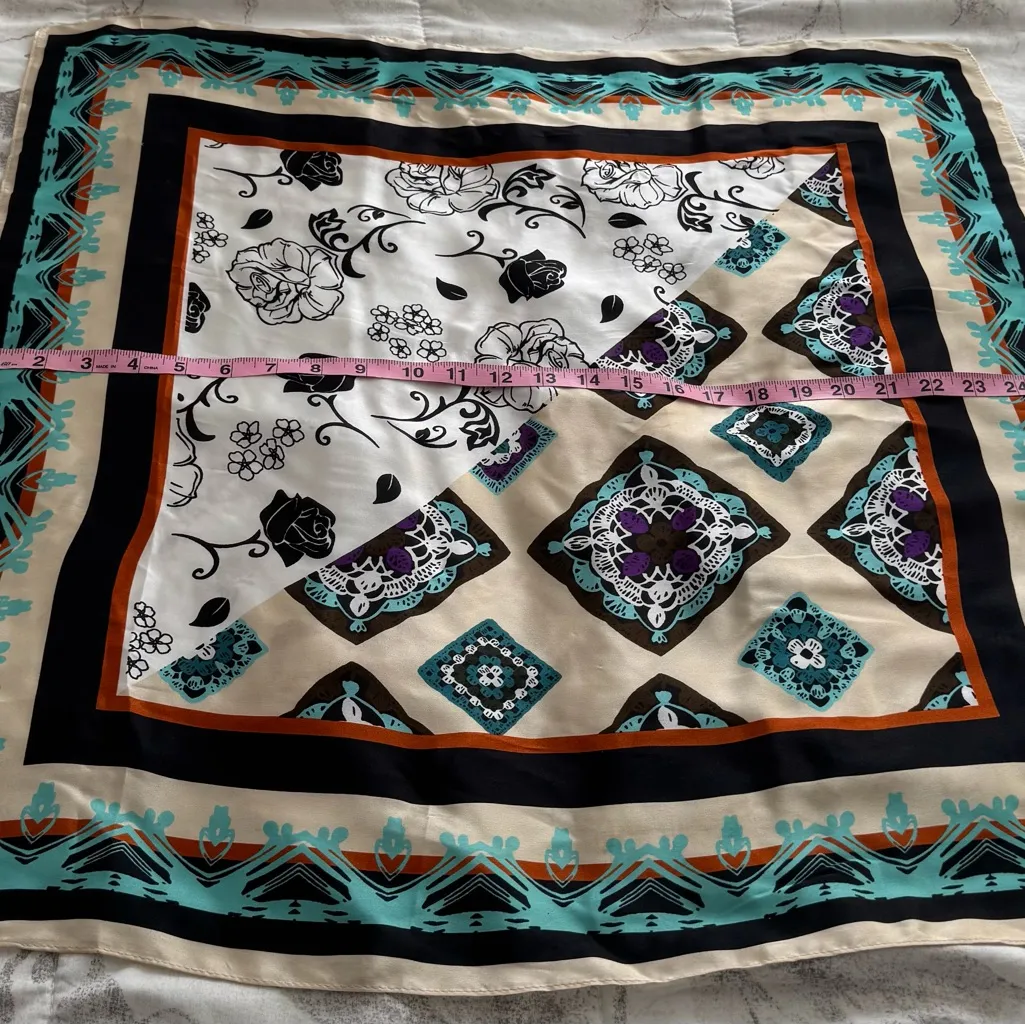 Elegant Multicolor 100% Silk floral mixed print Scarf wrap, size 25x25 boho Black - Image 4