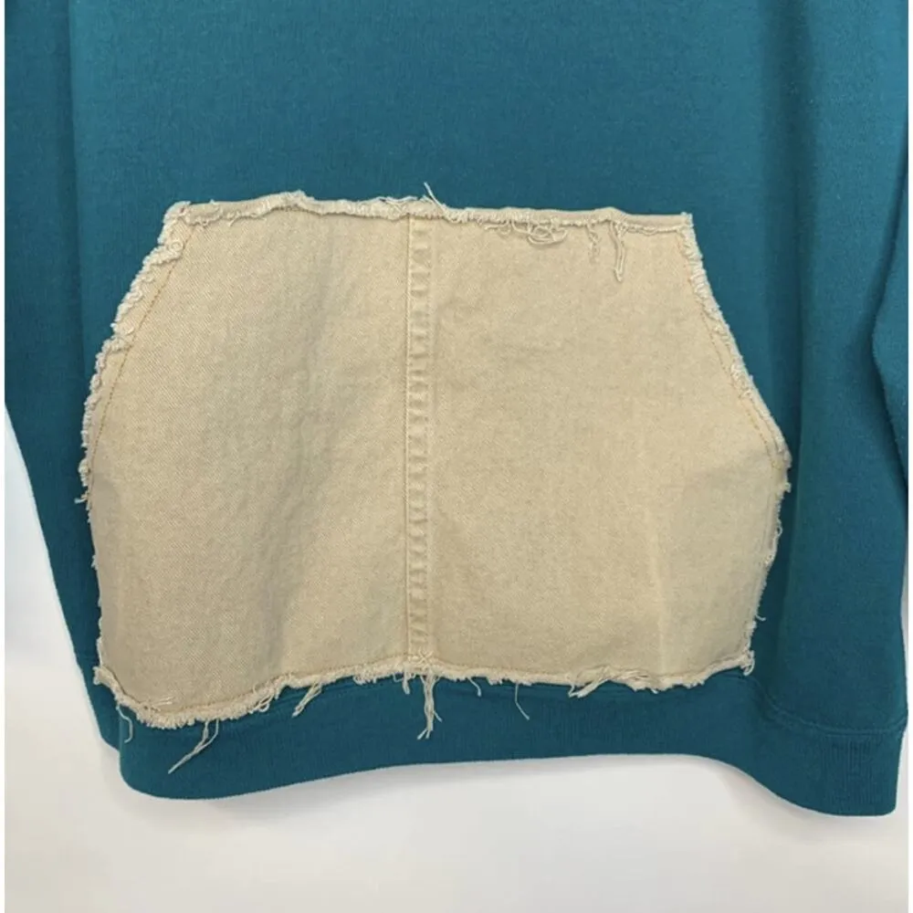 Teal Green Tan Denim Kangaroo Pocket Crew Neck Sweatshirt ? Medium - Image 3
