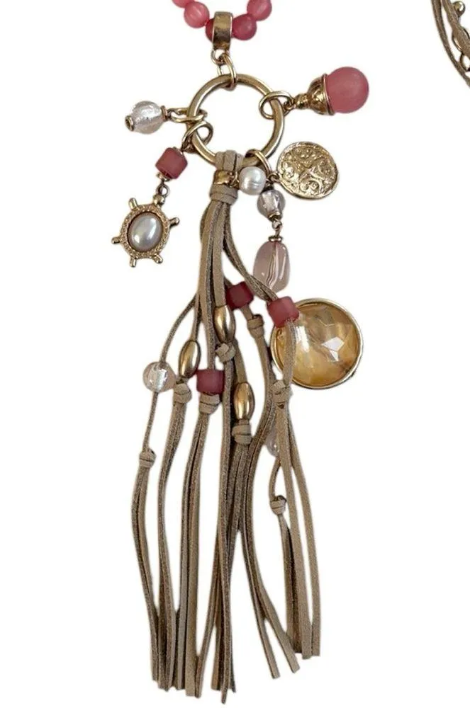 NWT Chico’s Leather Beaded Tassle Necklace Tan Gold Pink - Image 2