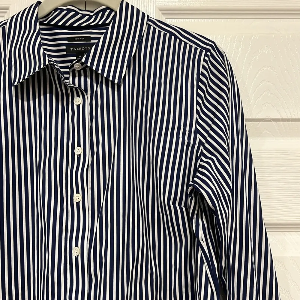 TALBOTS NON-IRON Collared Popover Top Blue White Striped Long Sleeve Womens 8 - Image 2