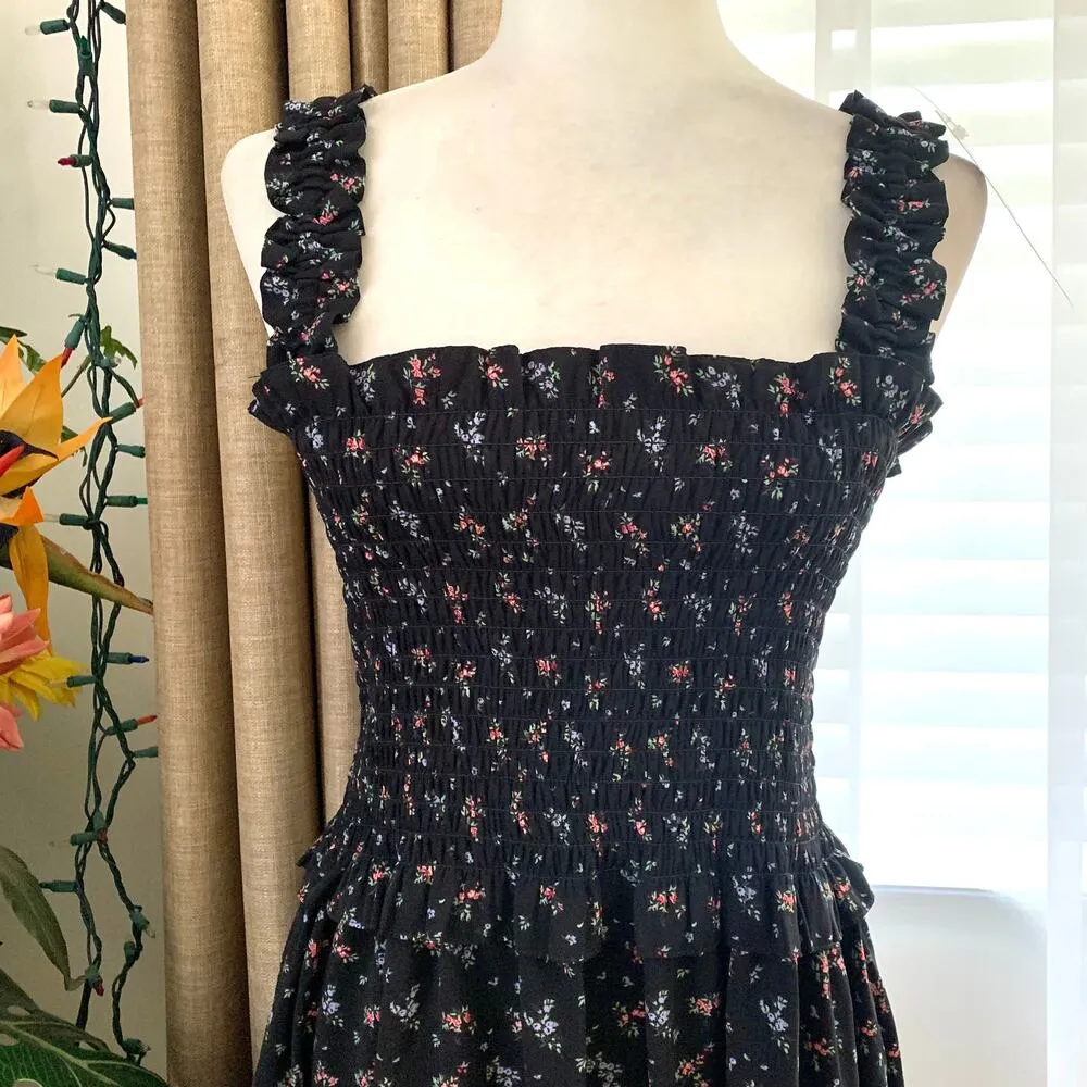Rokh x GU (Uniqlo) Smocking Camisole Ruffle Dress in Black Floral Size L - Image 7