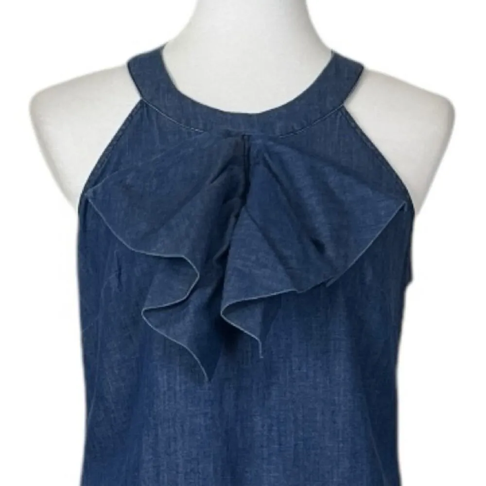 Banana Republic New Dress Denim Blue Jean Ruffle Neck Halter Top Women’s Size 4 - Image 5