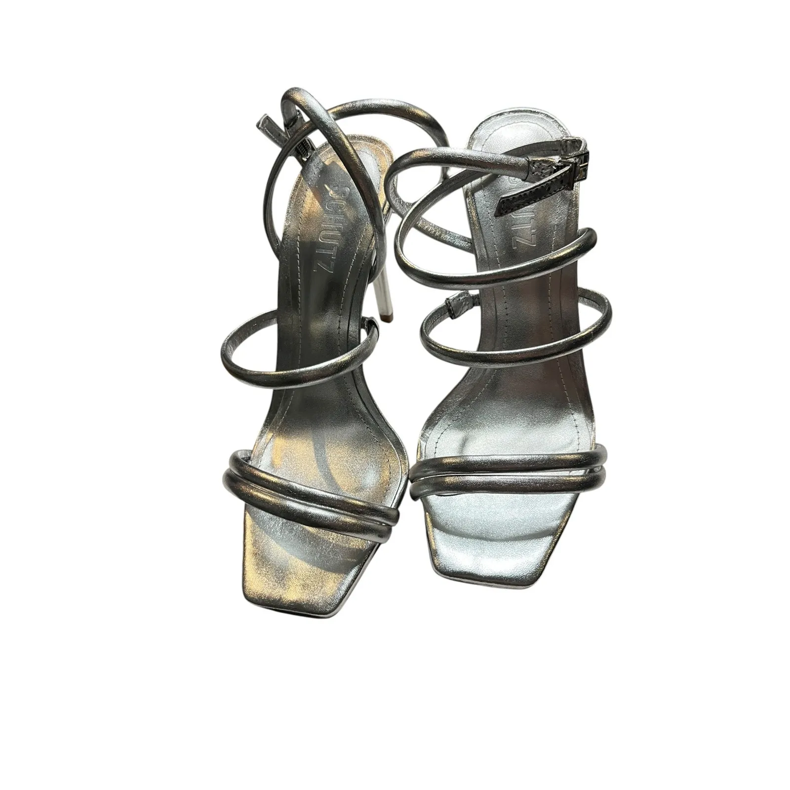 Schutz Nylla  Silver Metallic Nappa Ankle Strap High Heel Sandals - Size 6 NIB - Image 4