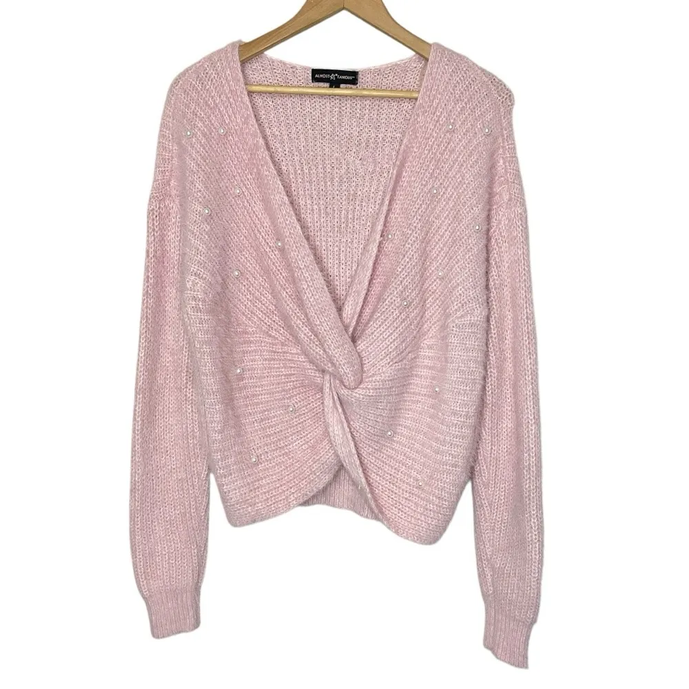 ALMOST FAMOUS Vintage Pink Twist Front V-Neck Sweater Pearl Accents - Image 2