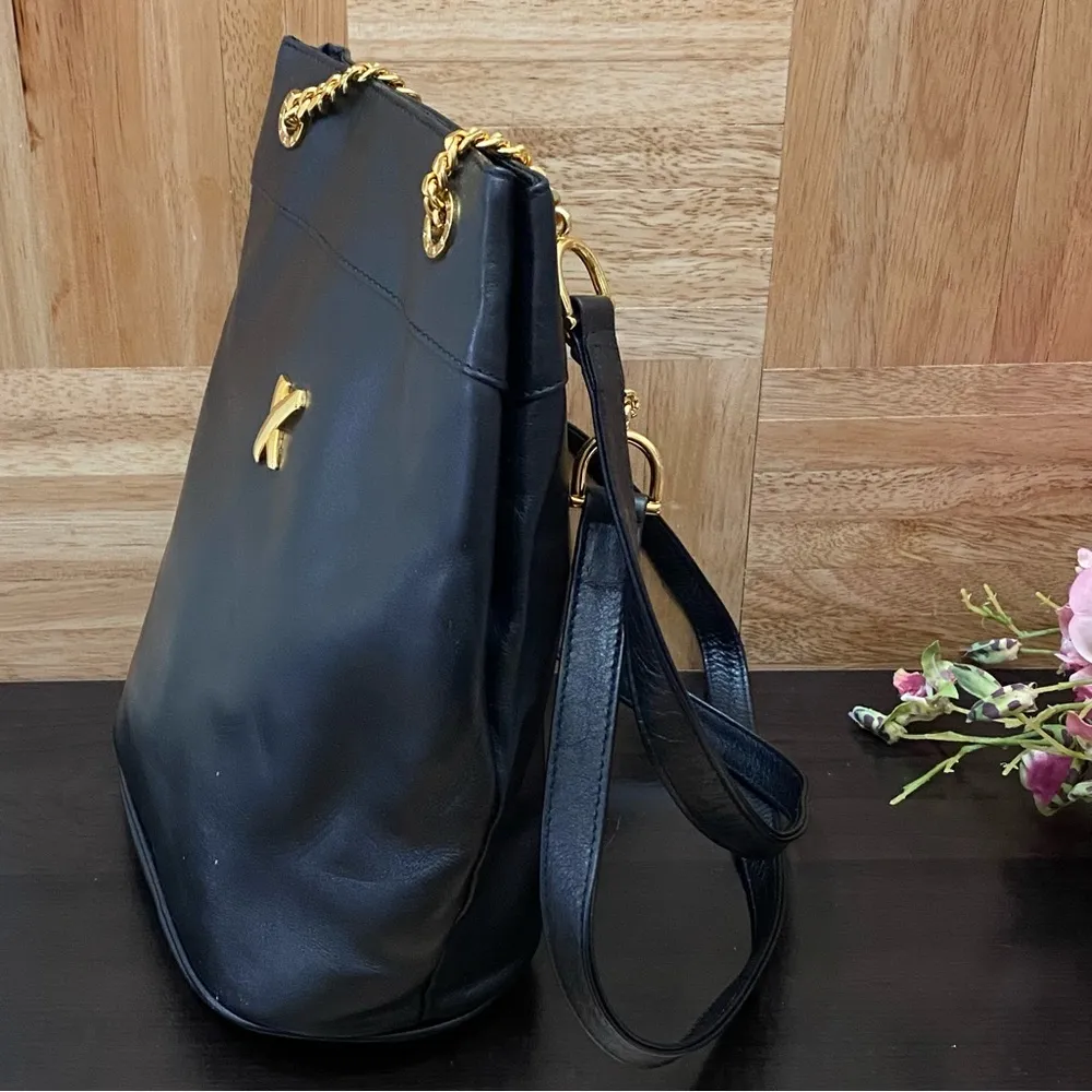 Vintage PALOMA PICASSO Italian Black Leather Gold Chain Handle Shoulder Bag - Image 6