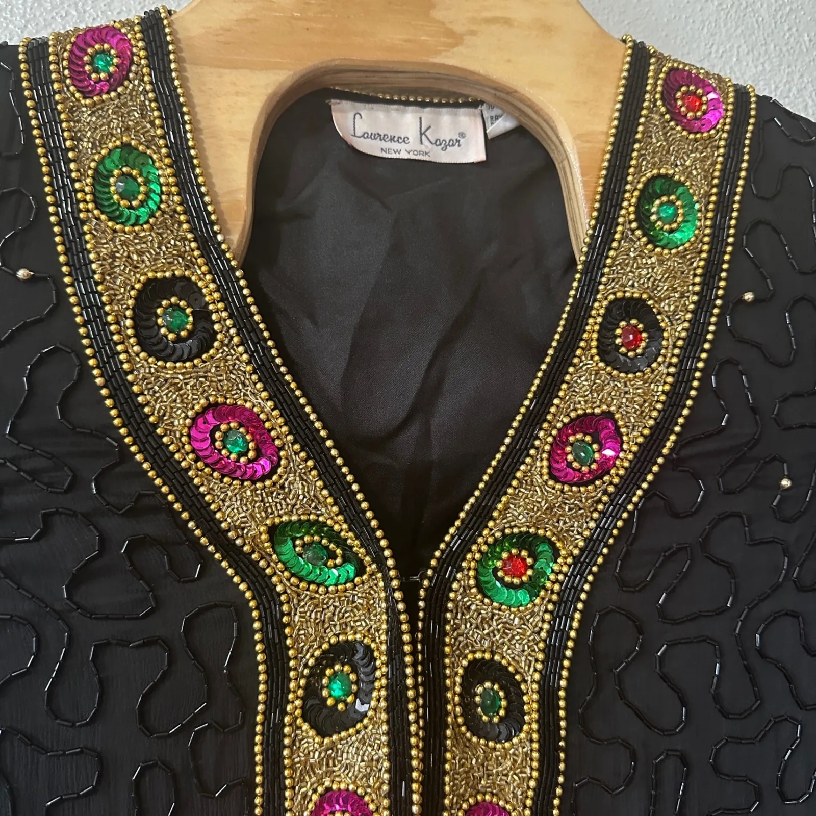 Laurence Kazar Beaded Silk Jacket Embellished Party Evening Top Black Medium - Image 3