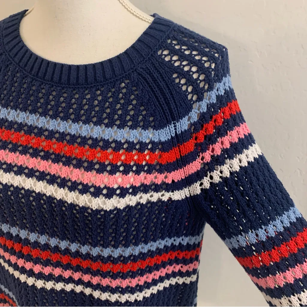 Talbots Petite Multicolor Happy Stripe Open Stitch Crew Neck Sweater Size LP - Image 5