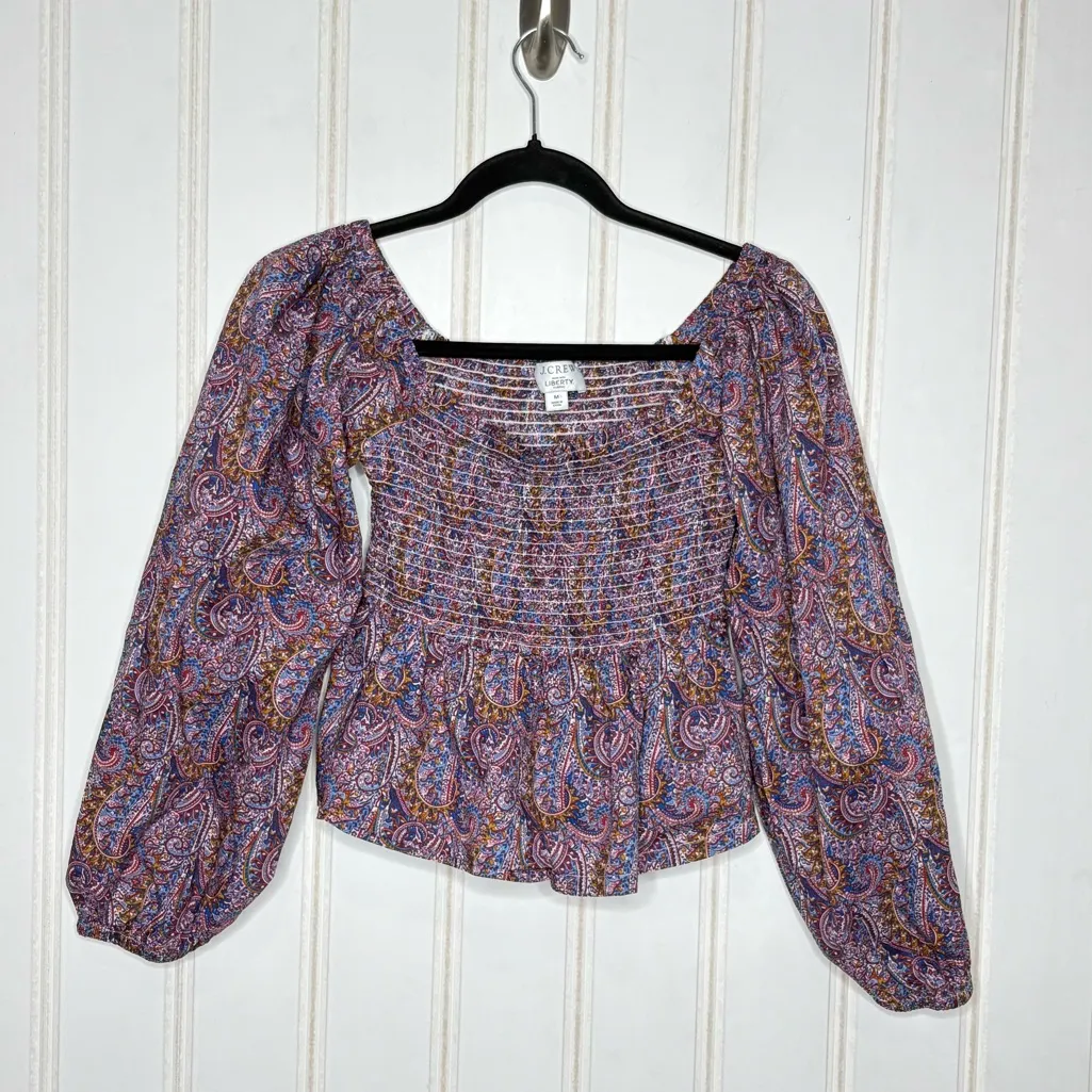 J Crew Liberty Boho Multi Paisley Tropical Print Smocked Puff Sleeve Top 198 Purple Size M - Image 2