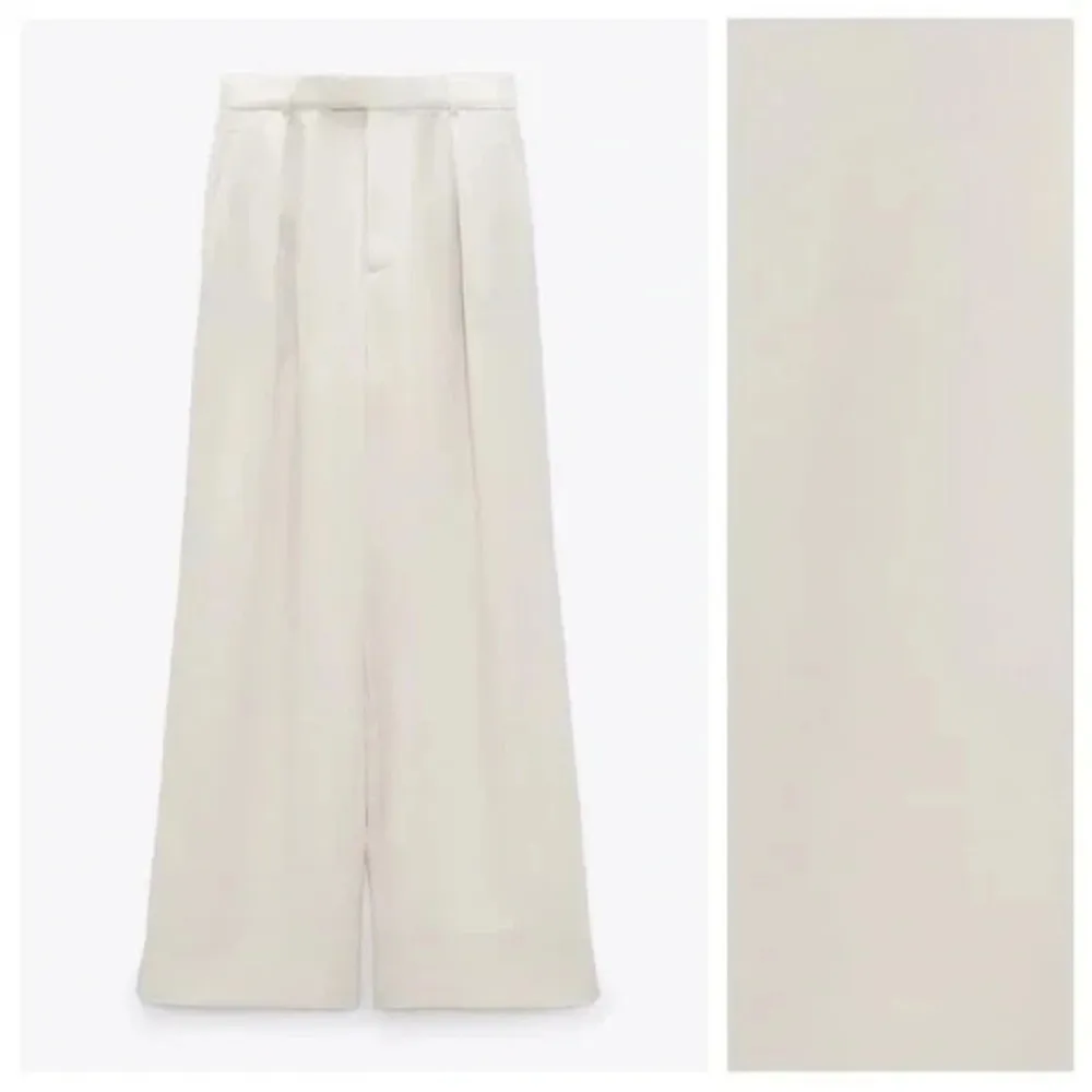 Zara Women's Wide Leg Front Pleat High Waisted Trousers Cream Size M - Image 4
